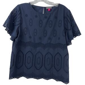 Vince Camuto Women's Top Royal Blue Eyelet 100% Cotton Minimalist Blouse Size S